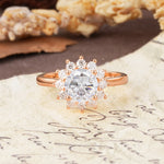 Dainty Vintage Script Background Sun Halo Round Cut Moissanite Engagement Ring - Additional view
