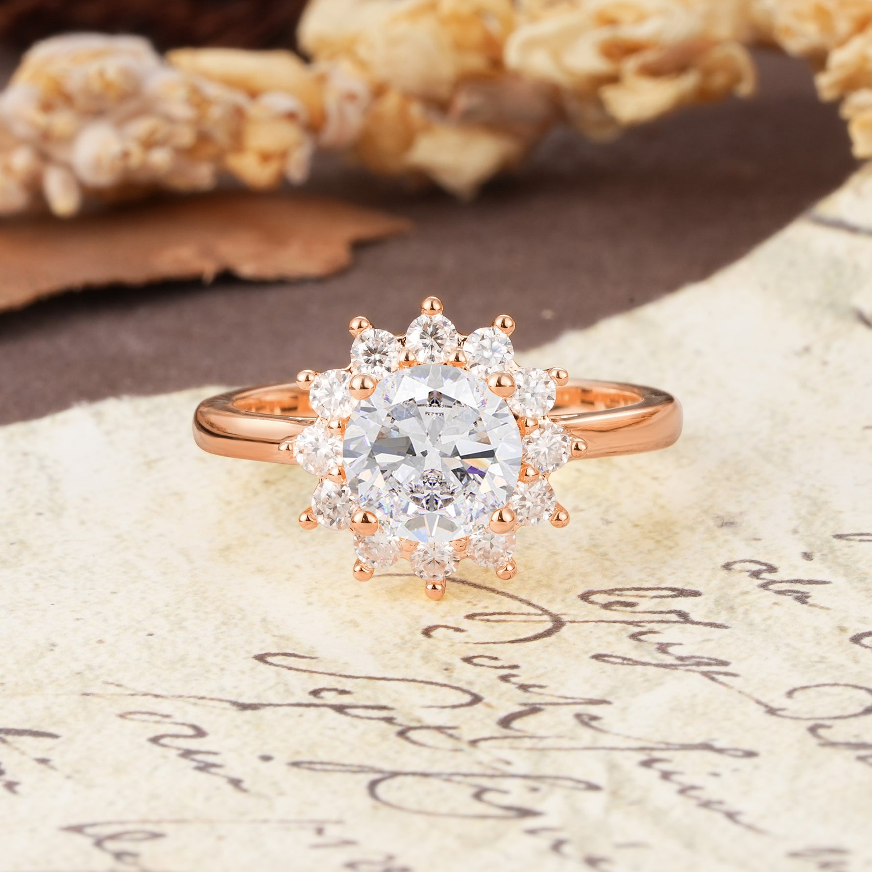 Dainty Vintage Script Background Sun Halo Round Cut Moissanite Engagement Ring - Additional view