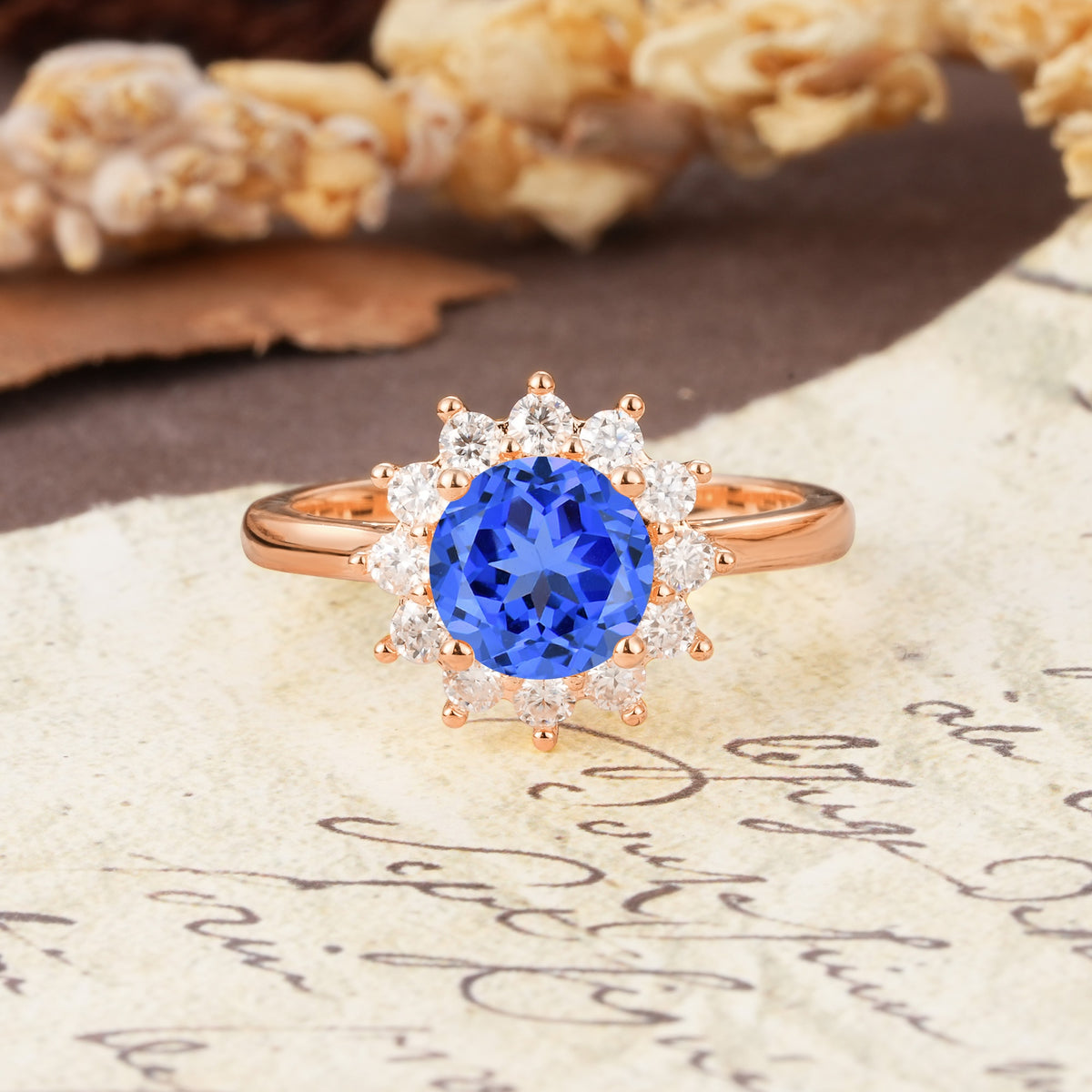 Dainty Vintage Script Background Sun Halo Round Cut Sapphire Engagement Ring - Additional view