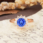 Dainty Vintage Script Background Sun Halo Round Cut Sapphire Engagement Ring - Additional view