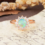 Dainty Vintage Script Background Sun Halo Round Cut Fire Opal Engagement Ring - Additional view