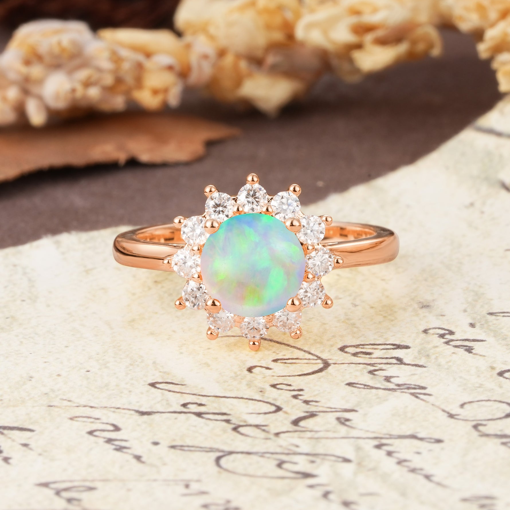 Dainty Vintage Script Background Sun Halo Round Cut Fire Opal Engagement Ring - Additional view