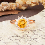 Dainty Vintage Script Background Sun Halo Round Cut Citrine Engagement Ring - Additional view