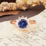 Dainty Vintage Script Background Sun Halo Round Cut Tanzanite Engagement Ring - Additional view