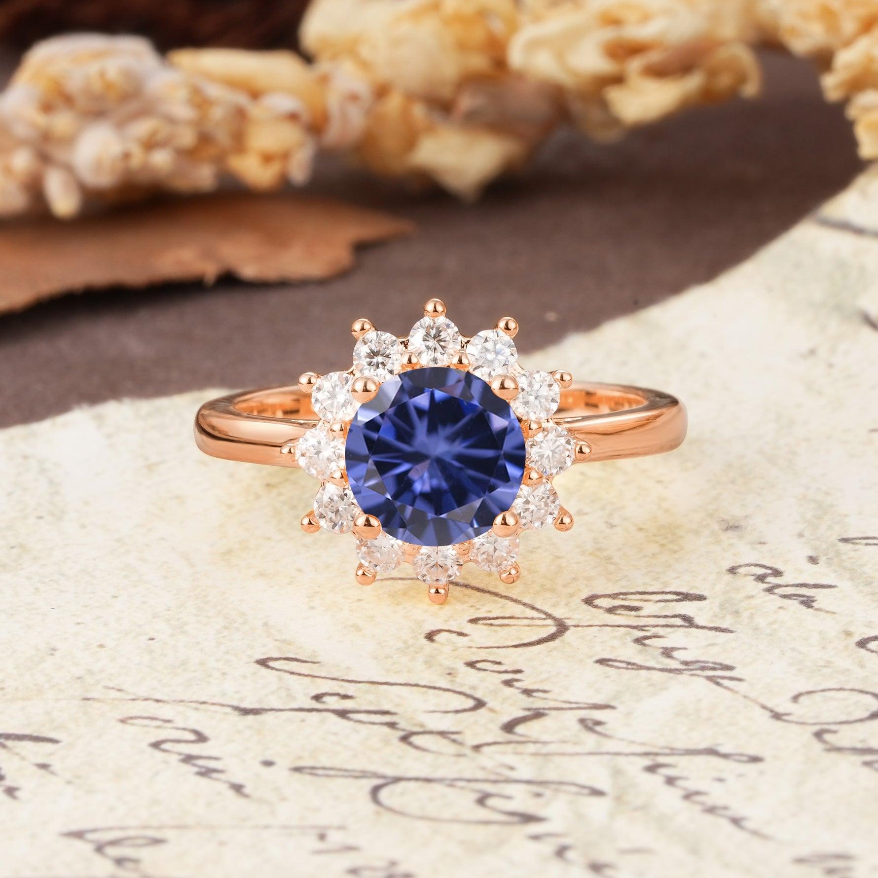 Dainty Vintage Script Background Sun Halo Round Cut Tanzanite Engagement Ring - Additional view