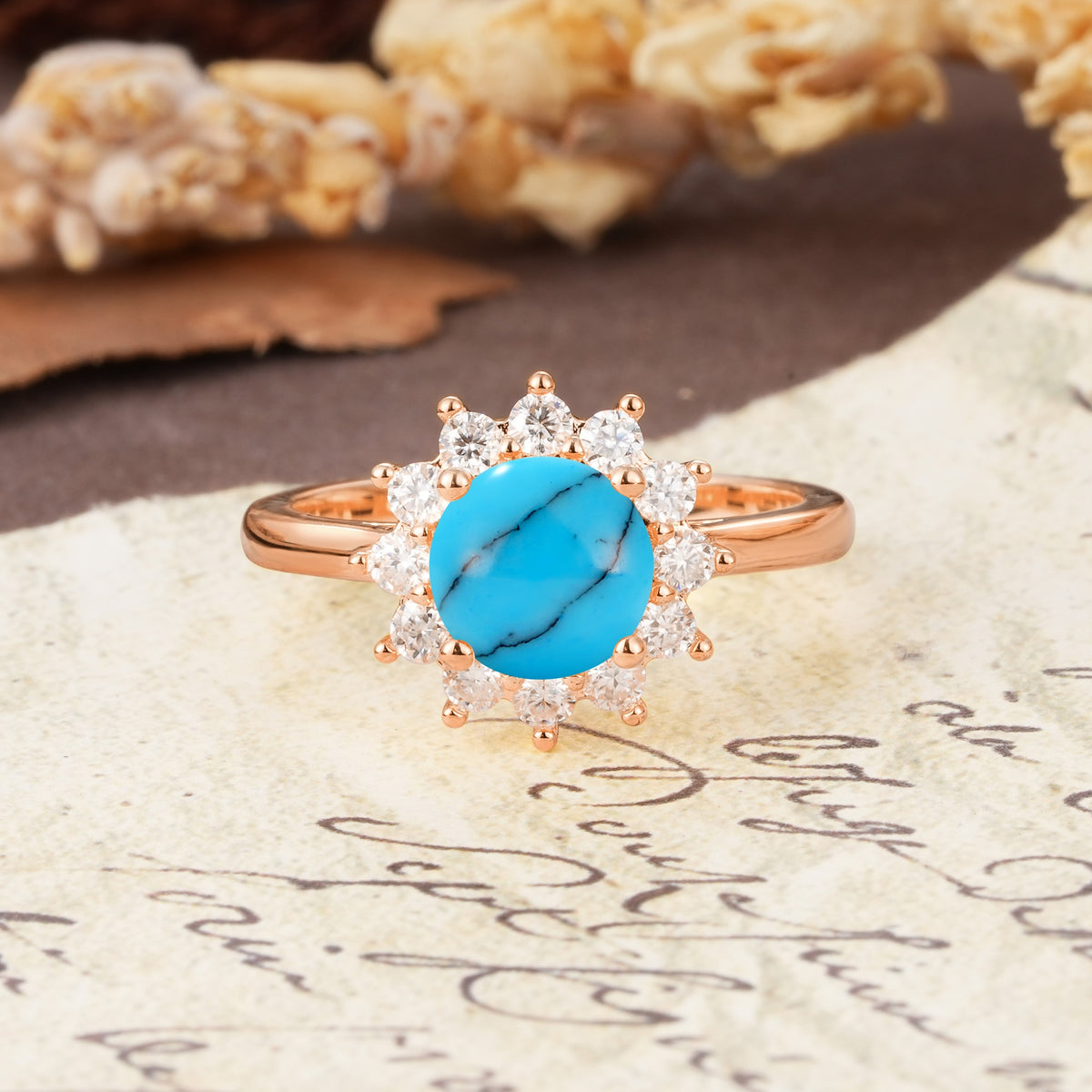 Dainty Vintage Script Background Sun Halo Round Cut Turquoise Engagement Ring - Additional view