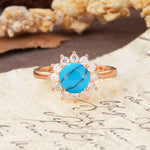 Dainty Vintage Script Background Sun Halo Round Cut Turquoise Engagement Ring - Additional view