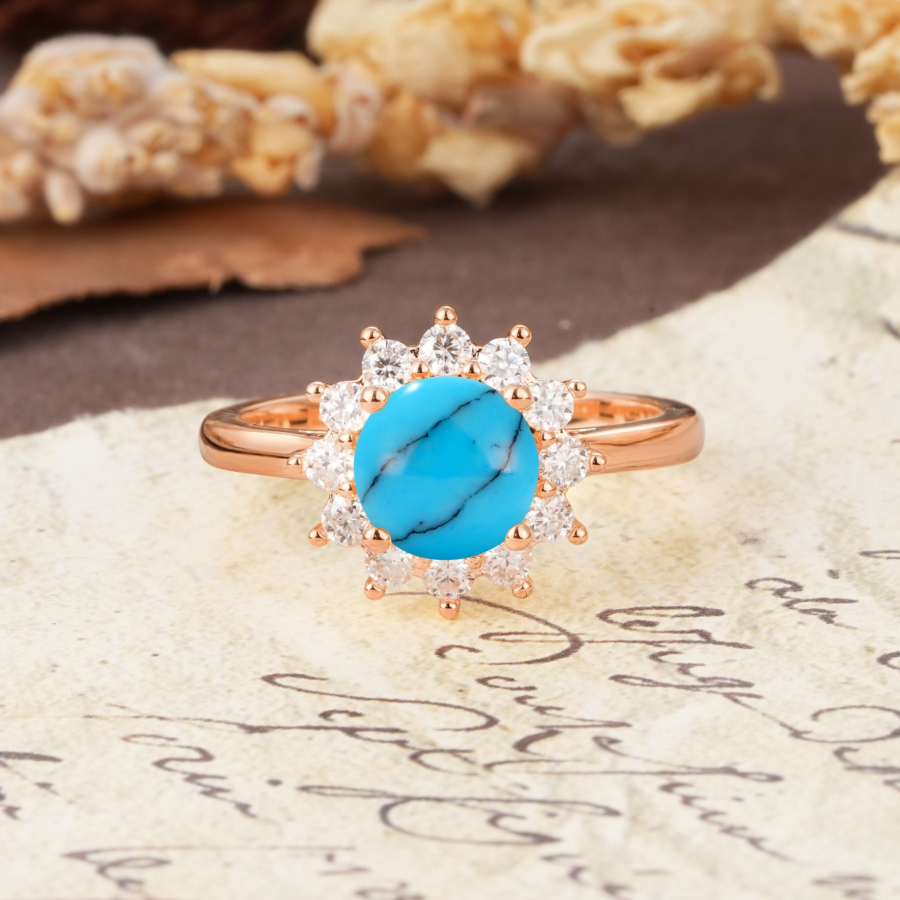 Dainty Vintage Script Background Sun Halo Round Cut Turquoise Engagement Ring - Additional view