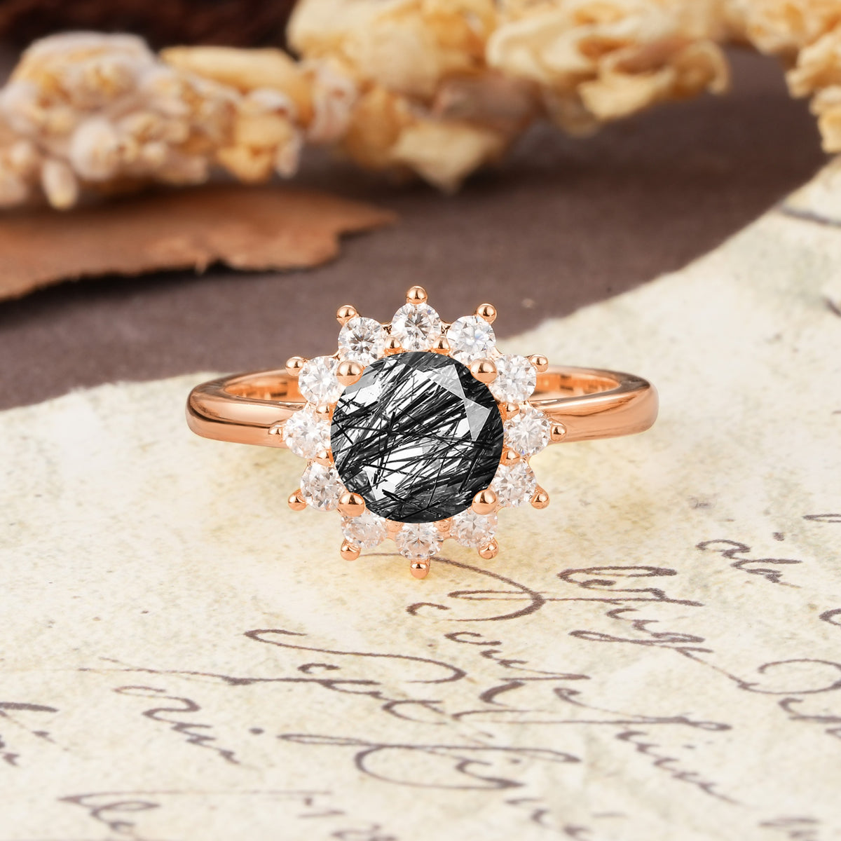 Dainty Vintage Script Background Sun Halo Round Cut Black Rutilated Quartz Engagement Ring - Additional view