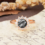 Dainty Vintage Script Background Sun Halo Round Cut Black Rutilated Quartz Engagement Ring - Additional view
