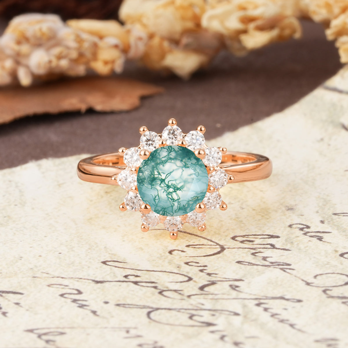 Dainty Vintage Script Background Sun Halo Round Cut Moss Agate Engagement Ring - Additional view