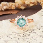 Dainty Vintage Script Background Sun Halo Round Cut Moss Agate Engagement Ring - Additional view