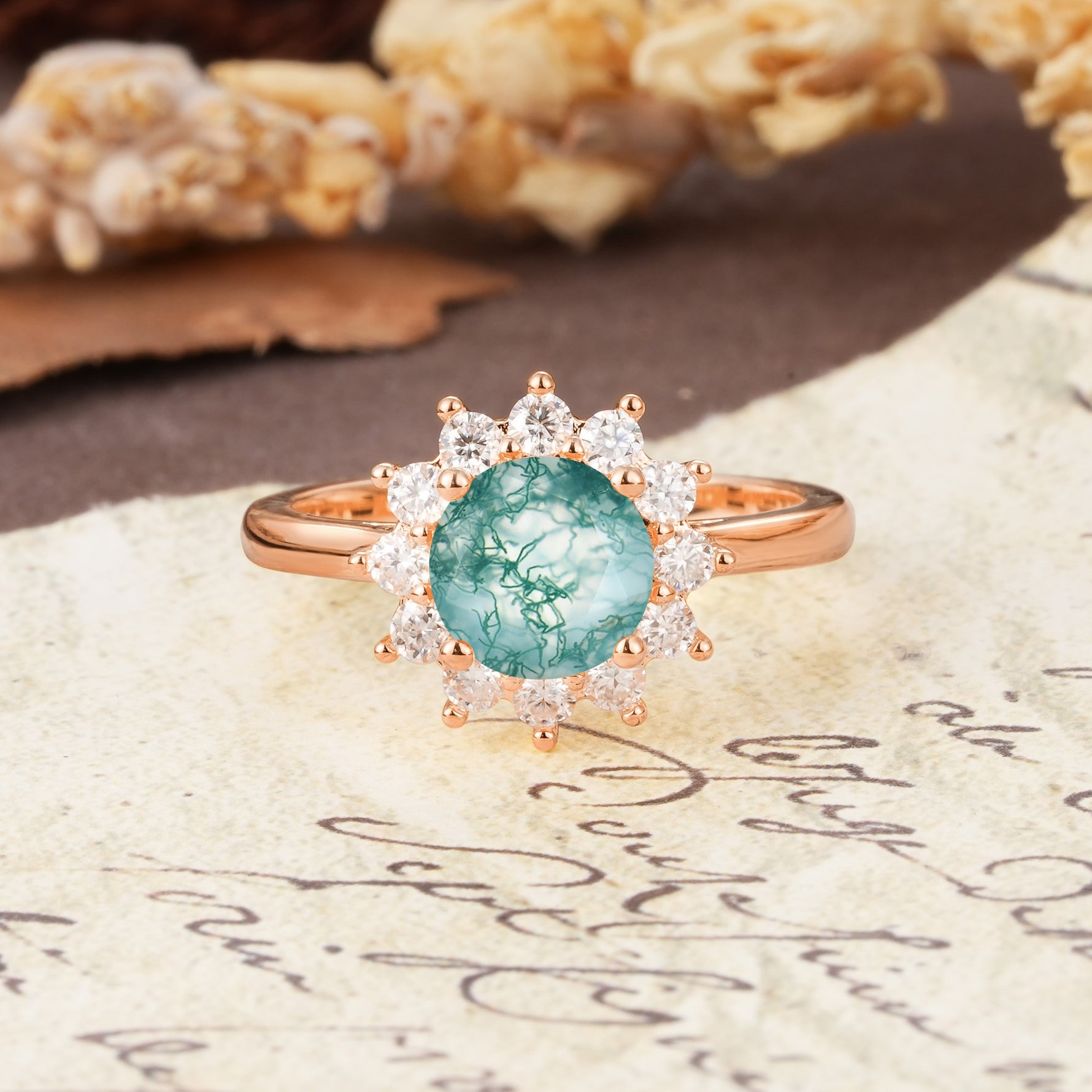 Dainty Vintage Script Background Sun Halo Round Cut Moss Agate Engagement Ring - Additional view