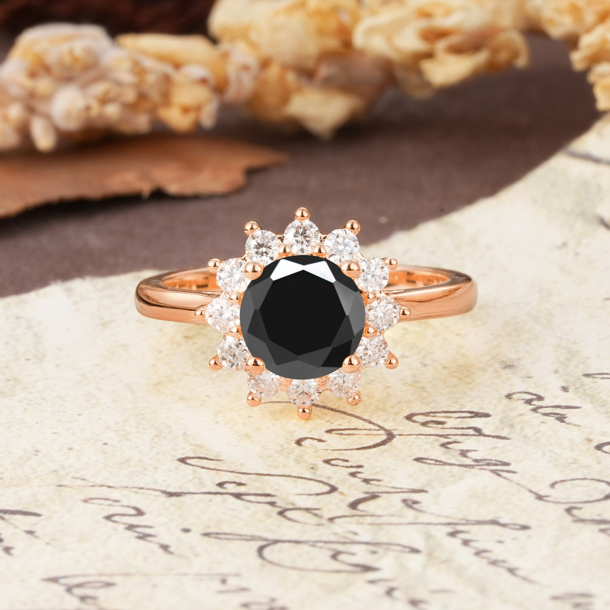 Dainty Vintage Script Background Sun Halo Round Cut Black Onyx Engagement Ring - Additional view