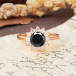 Dainty Vintage Script Background Sun Halo Round Cut Black Onyx Engagement Ring - Additional view