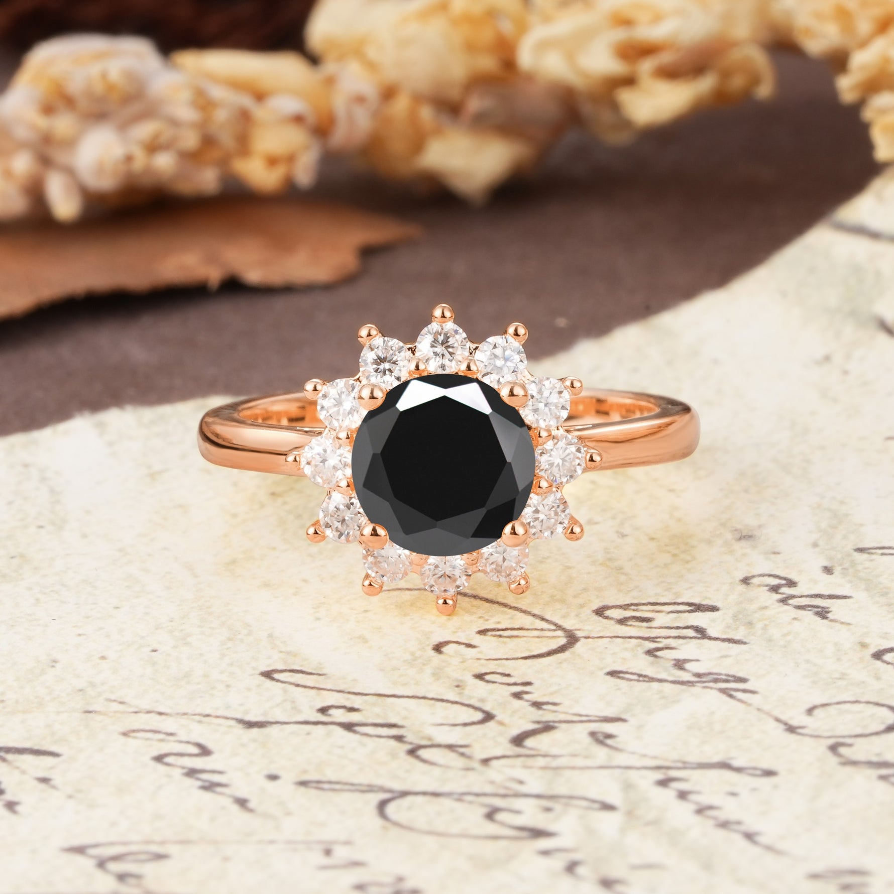 Dainty Vintage Script Background Sun Halo Round Cut Black Onyx Engagement Ring - Additional view