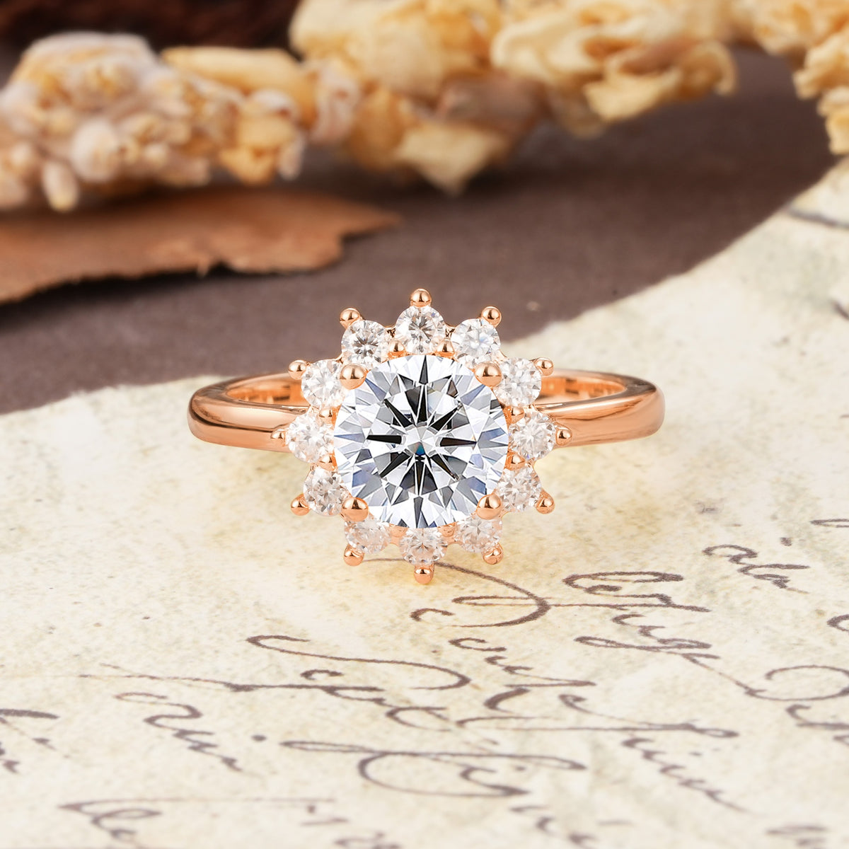 Dainty Vintage Script Background Sun Halo Round Cut Lab Diamond Engagement Ring - Additional view