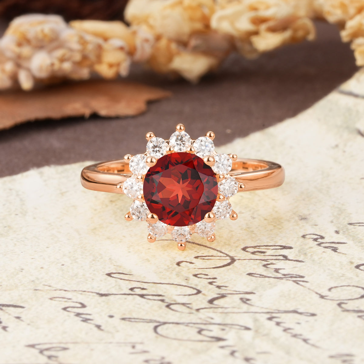 Dainty Vintage Script Background Sun Halo Round Cut Garnet Engagement Ring - Additional view