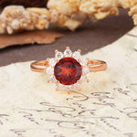 Dainty Vintage Script Background Sun Halo Round Cut Garnet Engagement Ring - Additional view