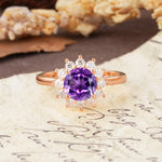 Dainty Vintage Script Background Sun Halo Round Cut Amethyst Engagement Ring - Additional view