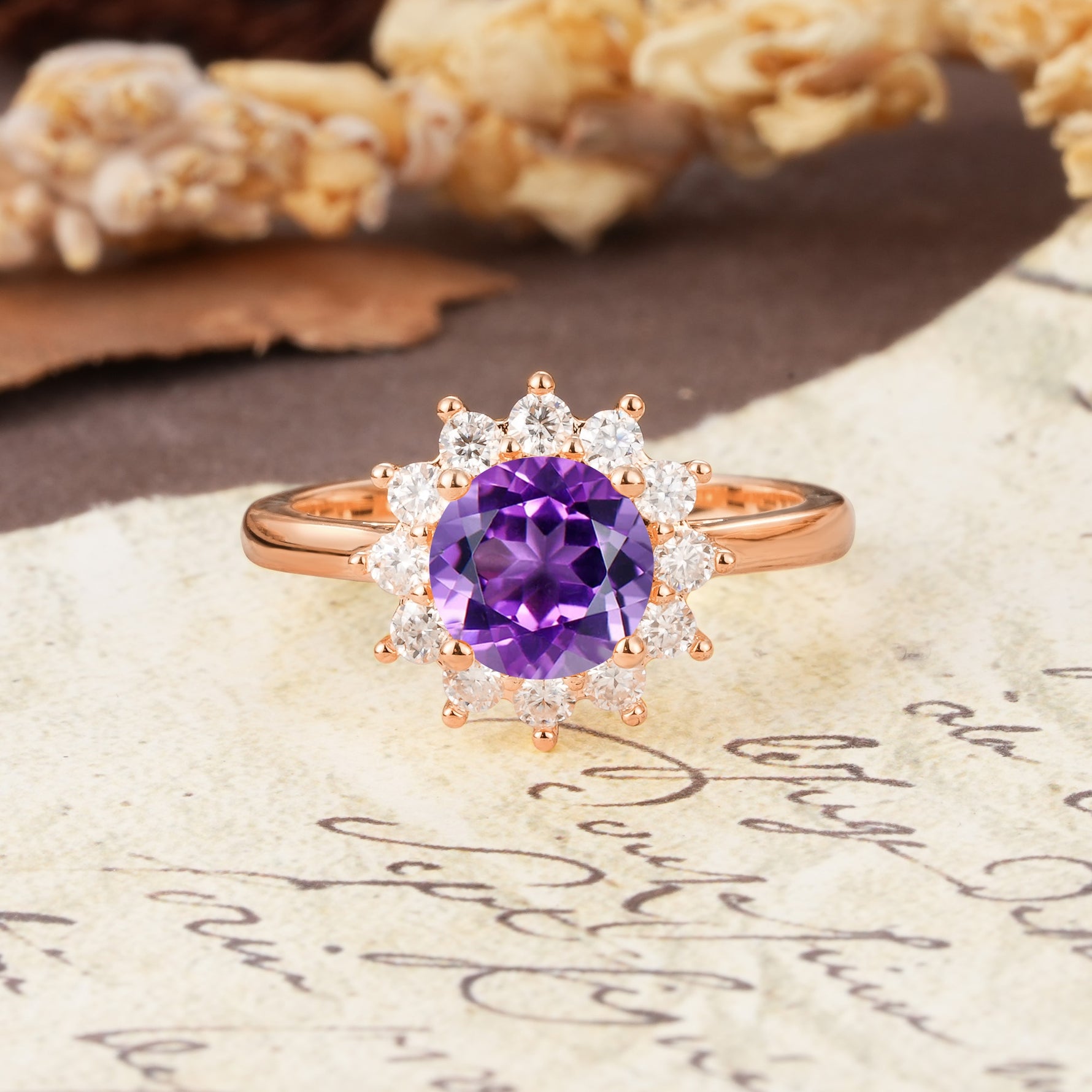 Dainty Vintage Script Background Sun Halo Round Cut Amethyst Engagement Ring - Additional view