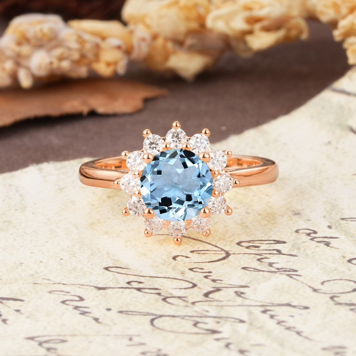 Dainty Vintage Script Background Sun Halo Round Cut Aquamarine Engagement Ring - Additional view