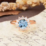 Dainty Vintage Script Background Sun Halo Round Cut Aquamarine Engagement Ring - Additional view