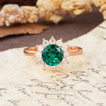 Dainty Vintage Script Background Sun Halo Round Cut Emerald Engagement Ring - Additional view