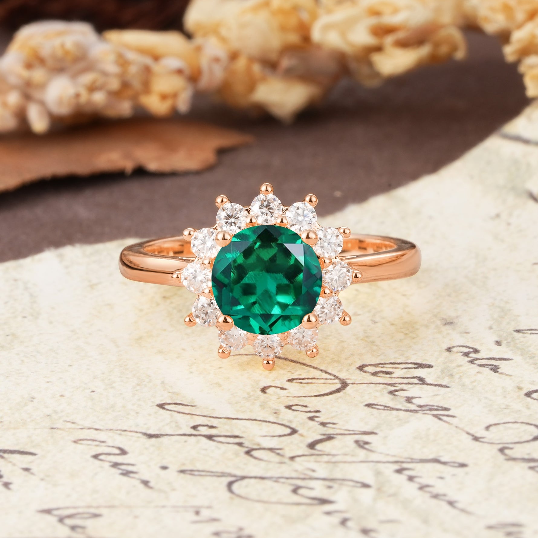 Dainty Vintage Script Background Sun Halo Round Cut Emerald Engagement Ring - Additional view