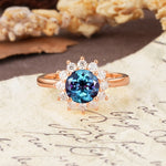 Dainty Vintage Script Background Sun Halo Round Cut Alexandrite Engagement Ring - Additional view