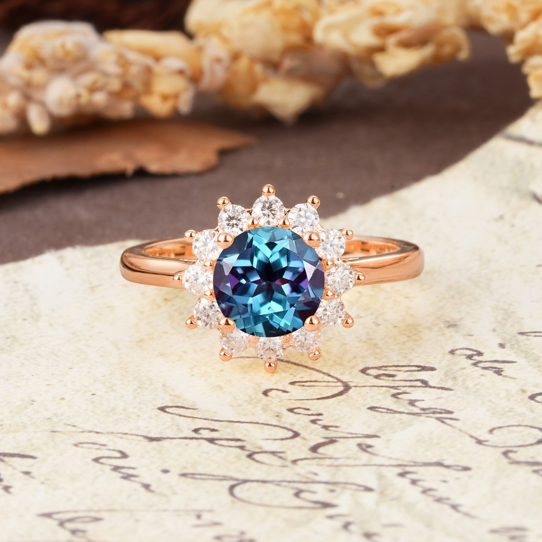 Dainty Vintage Script Background Sun Halo Round Cut Alexandrite Engagement Ring - Additional view