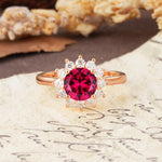Dainty Vintage Script Background Sun Halo Round Cut Ruby Engagement Ring - Additional view