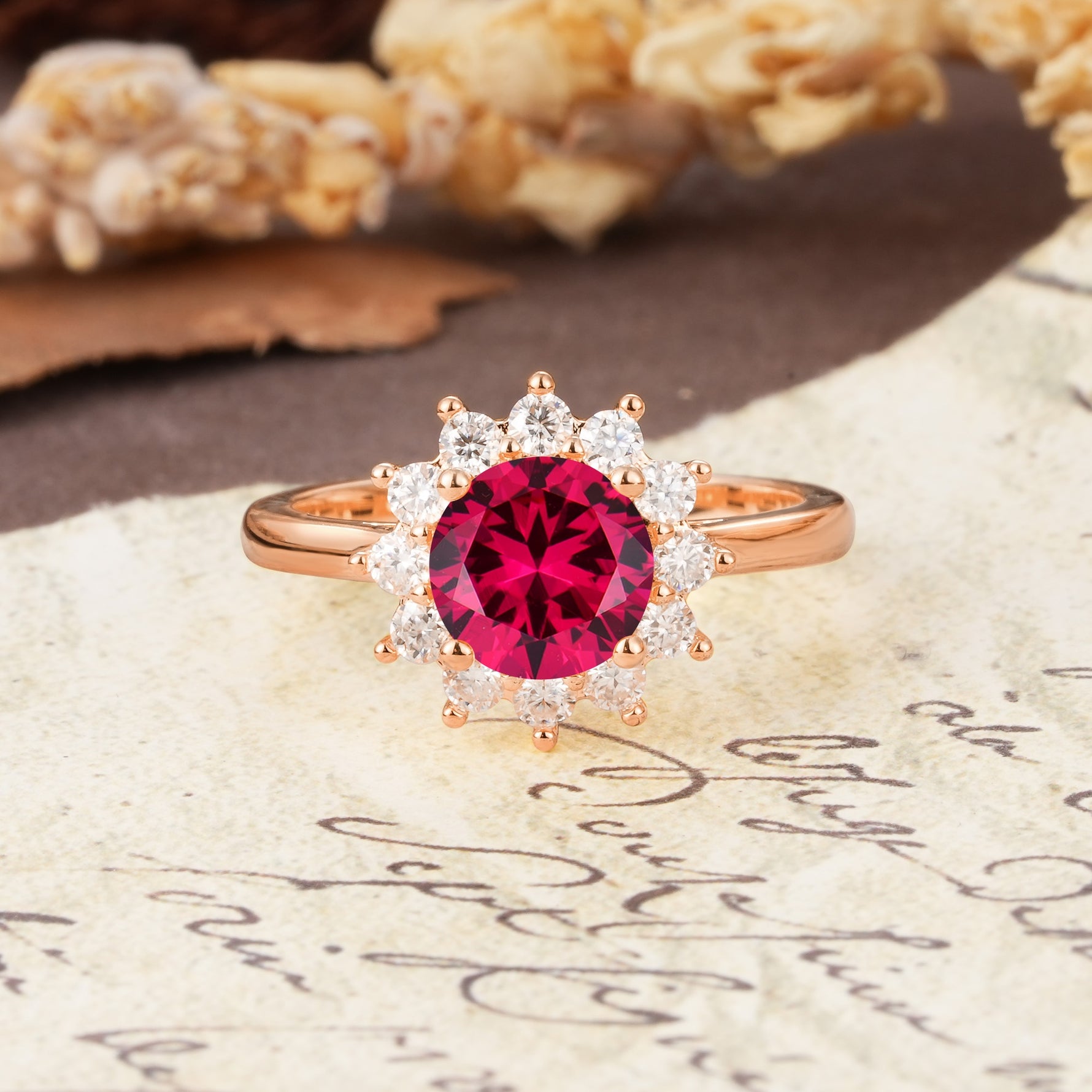 Dainty Vintage Script Background Sun Halo Round Cut Ruby Engagement Ring - Additional view