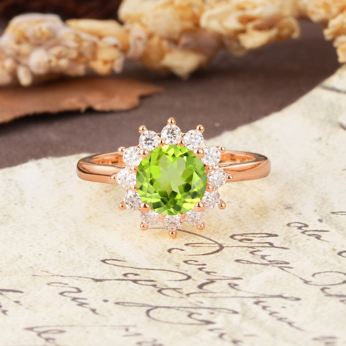 Dainty Vintage Script Background Sun Halo Round Cut Peridot Engagement Ring - Additional view
