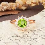 Dainty Vintage Script Background Sun Halo Round Cut Peridot Engagement Ring - Additional view