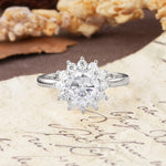 Dainty Vintage Script Background Sun Halo Round Cut Moissanite Engagement Ring - Additional view