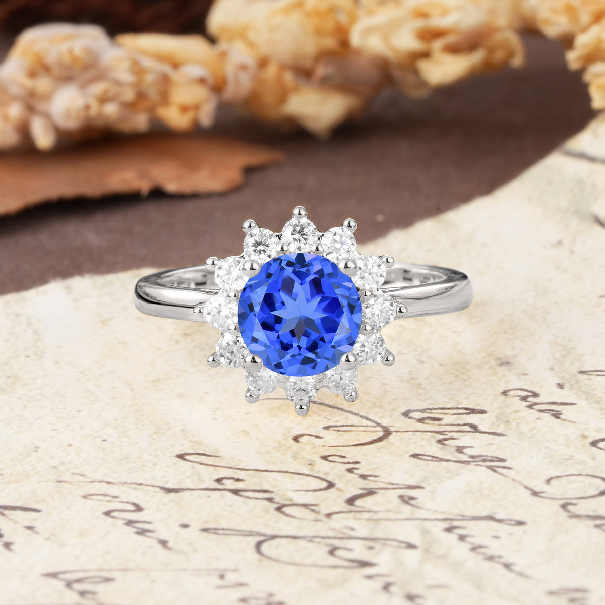 Dainty Vintage Script Background Sun Halo Round Cut Sapphire Engagement Ring - Additional view