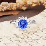 Dainty Vintage Script Background Sun Halo Round Cut Sapphire Engagement Ring - Additional view