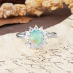 Dainty Vintage Script Background Sun Halo Round Cut Fire Opal Engagement Ring - Additional view