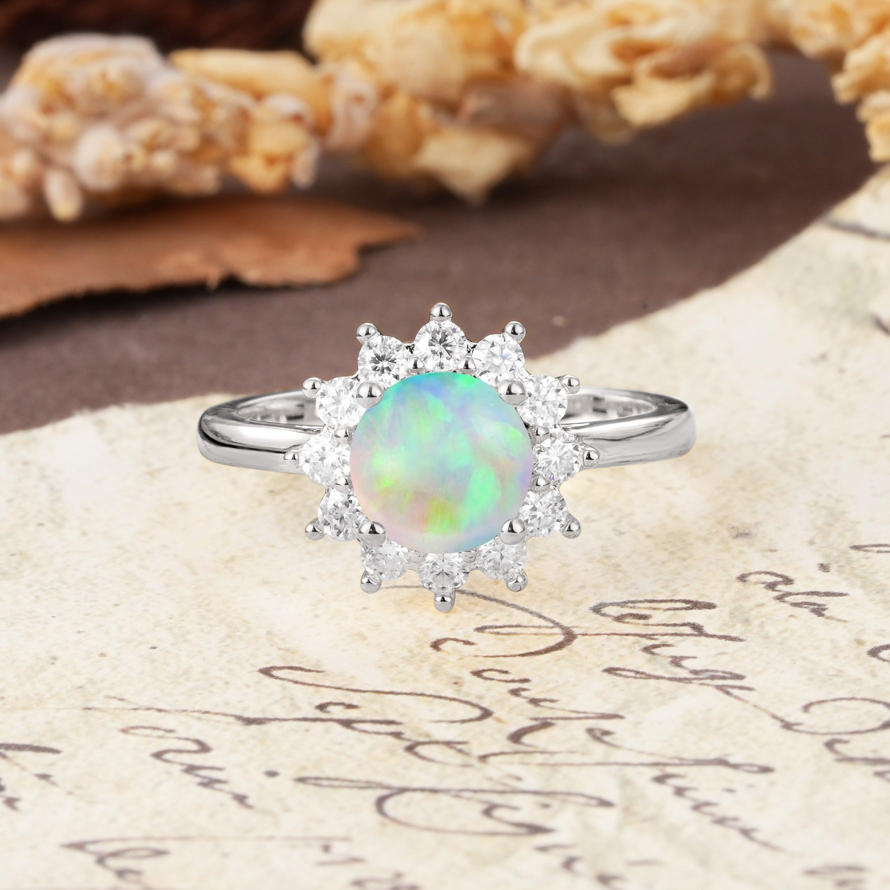 Dainty Vintage Script Background Sun Halo Round Cut Fire Opal Engagement Ring - Additional view