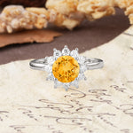 Dainty Vintage Script Background Sun Halo Round Cut Citrine Engagement Ring - Additional view