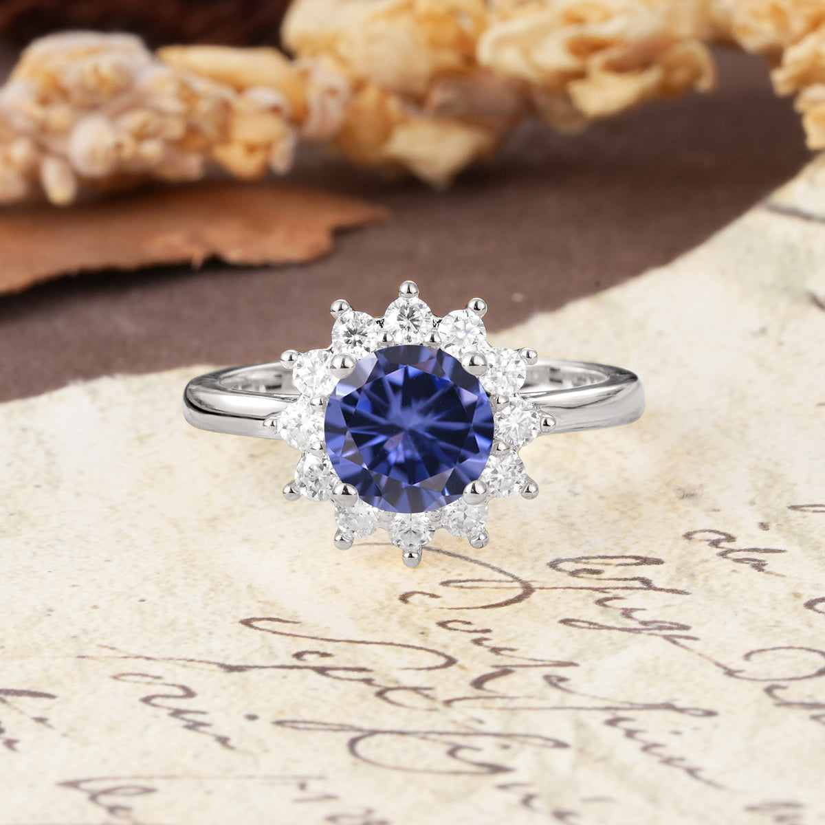 Dainty Vintage Script Background Sun Halo Round Cut Tanzanite Engagement Ring - Additional view