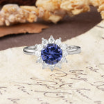 Dainty Vintage Script Background Sun Halo Round Cut Tanzanite Engagement Ring - Additional view