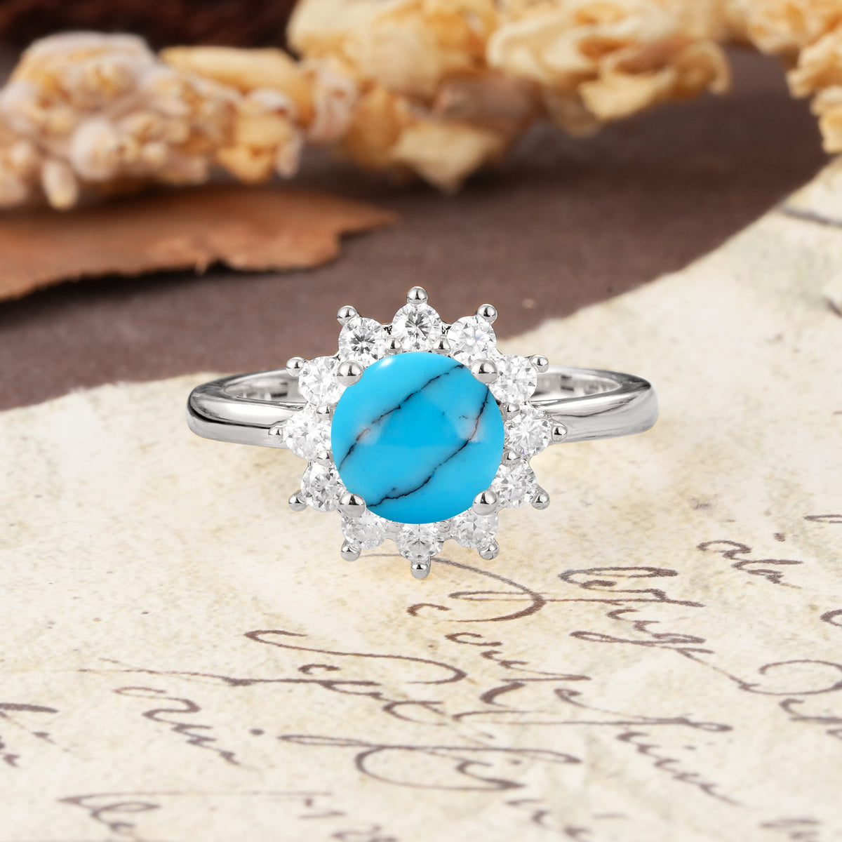 Dainty Vintage Script Background Sun Halo Round Cut Turquoise Engagement Ring - Additional view