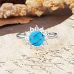 Dainty Vintage Script Background Sun Halo Round Cut Turquoise Engagement Ring - Additional view