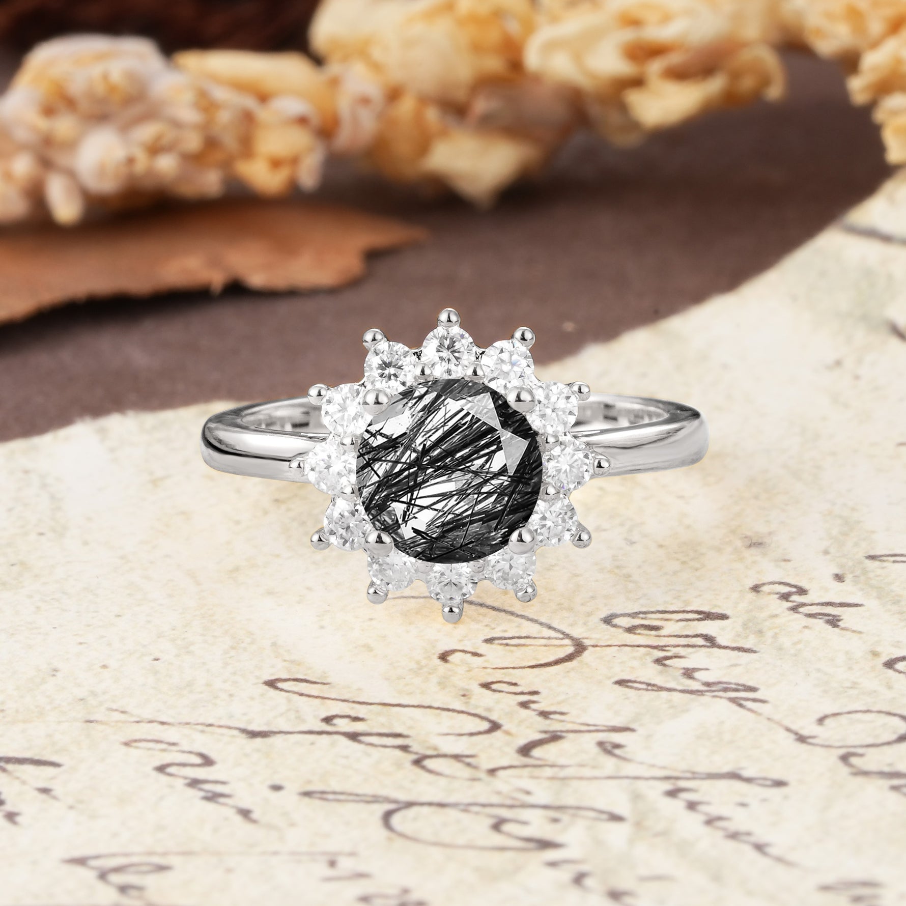 Dainty Vintage Script Background Sun Halo Round Cut Black Rutilated Quartz Engagement Ring - Additional view