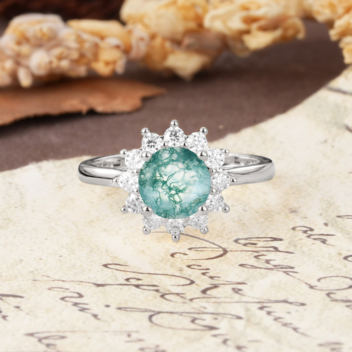 Dainty Vintage Script Background Sun Halo Round Cut Moss Agate Engagement Ring - Additional view