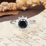 Dainty Vintage Script Background Sun Halo Round Cut Black Onyx Engagement Ring - Additional view