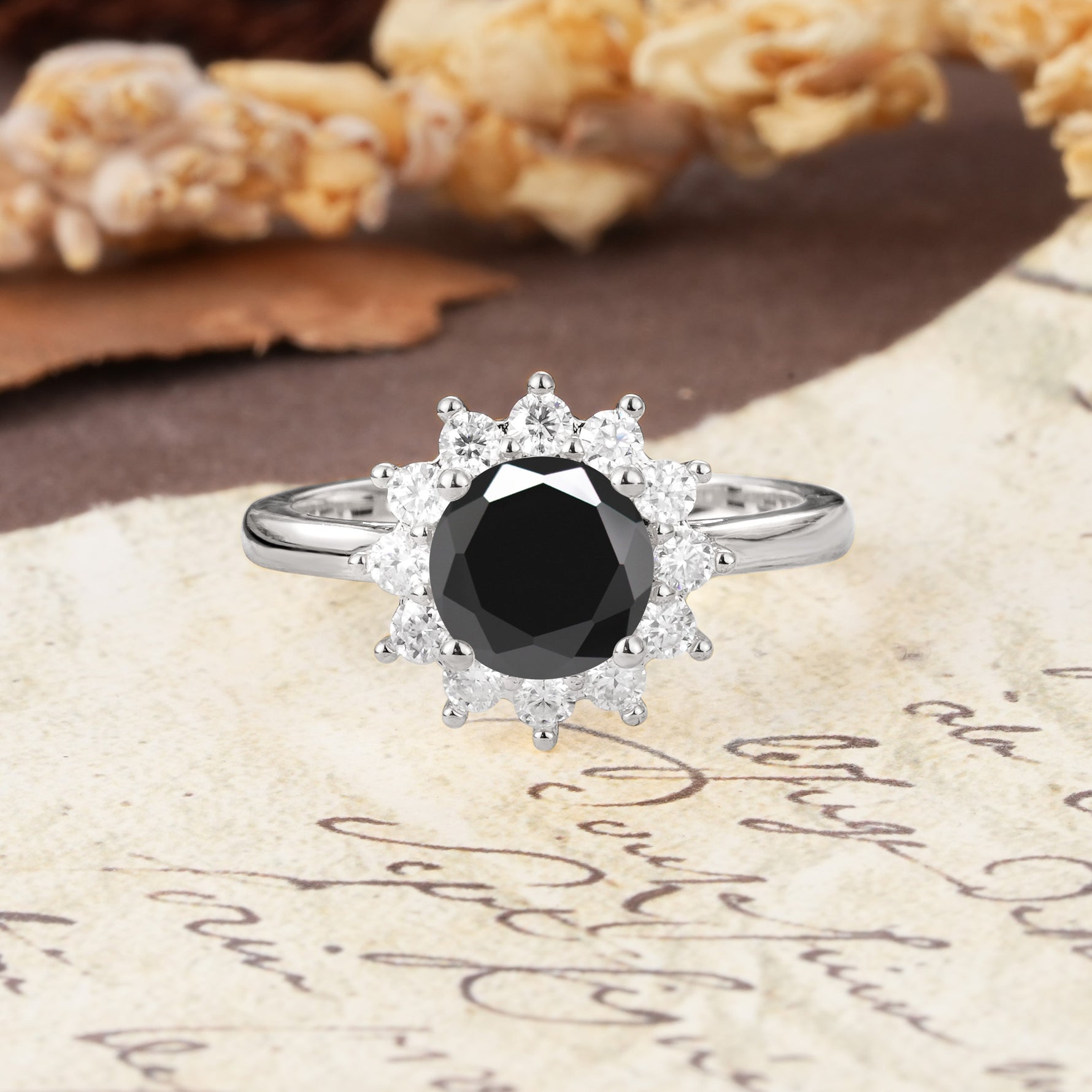 Dainty Vintage Script Background Sun Halo Round Cut Black Onyx Engagement Ring - Additional view