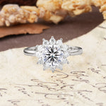 Dainty Vintage Script Background Sun Halo Round Cut Lab Diamond Engagement Ring - Additional view